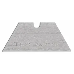 Steel straight-edge utility blades with blunt tip for reduced puncture risk. Each blade measures 1 11/16 inches long and 3/4 inches wide. Pack of 100. Suitable for cutting tasks in packaging, warehousing, and general industrial use.
