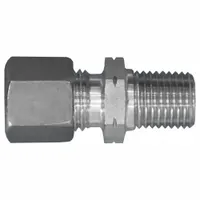 This flareless bite-type compression fitting adapter is made of stainless steel and features a Compression x MNPT configuration. It connects 15 mm OD tubing to a 3/4 in male NPT pipe thread. Suitable for hydraulic, pneumatic, and instrumentation systems requiring leak-proof connections