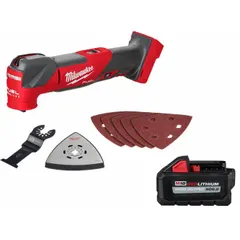 Brushless motor oscillating tool with 4.2° oscillation angle. Includes one 6.0 Ah M18™ battery. Used for cutting, sanding, scraping, and grinding in maintenance, construction, and metalworking applications.