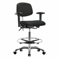 This vinyl cleanroom task chair is rated ISO 5 for particle-controlled environments. It features an aluminum base, foot support, and adjustable height from 26 1/4 in to 36 in. The back tilts 10.5° forward and 13.5° backward; the seat tilts 8° forward and 3° backward. Not ESD safe