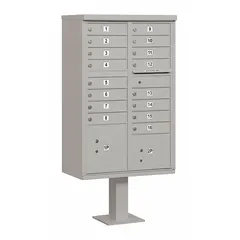 This horizontal multi-unit mailbox features 18 lockable front-access doors for secure mail distribution. Designed for pedestal mounting, it measures 62 inches high by 30 1/2 inches wide by 18 inches deep. Suitable for centralized mail delivery in multi-tenant residential or commercial settings.