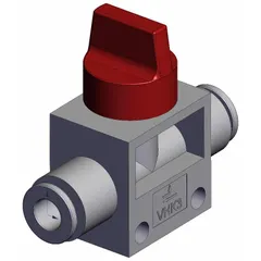 Manual air control valve with knob actuator, 3 ports, and 6 mm side-ported body featuring a red actuator. Used to start, stop, or redirect compressed air flow in pneumatic systems for panel-mount or inline control applications.