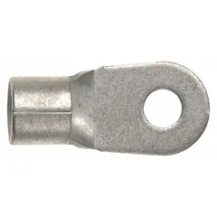 Non-insulated ring terminal for terminating 6 AWG wire to a 3/8 in stud. Rated for 2000 V. Serrated barrel style provides secure grip and conductivity. Suitable for power distribution and heavy equipment wiring requiring bare-metal connections.