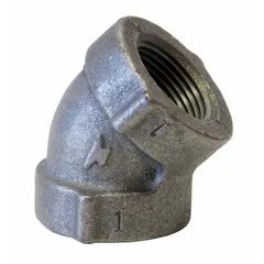 Low-pressure threaded pipe fitting with 45° elbow for changing flow direction in piping systems. Threaded x Threaded connection, Class 125, rated for maximum operating pressure of 175 psi @ 150°F. Suitable for water, air, or steam lines.