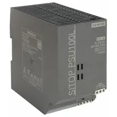 Single-phase DIN rail mount DC power supply in a plastic housing. Rated output power 240 W with 10 A output current. Input voltage 120/230 V AC. Suitable for industrial control panels and automation systems requiring stable DC power conversion.