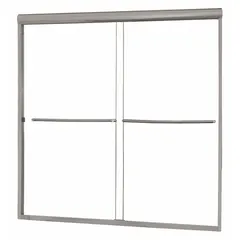 This double sliding bathtub door features a frameless design with clear tempered glass panels. The 1/4-inch thick glass and brushed nickel frame provide a clean look for enclosing a standard bathtub opening. Suitable for residential bathroom installations to contain water splash.