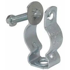 Screw-on conduit and cable hanger for supporting 3/4 in EMT or RMC conduit. Steel construction with zinc-plated gray finish. Mounts to strut channels via 0.281 in hole. UL/CUL listed, 400 lb load capacity.