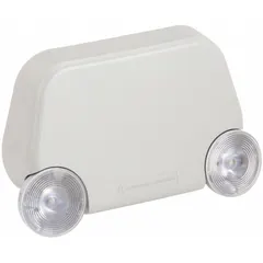 This plastic emergency light from LITHONIA LIGHTING features LED technology and a white housing. It operates on 120/277V AC input, with a 0.75 W lamp wattage and 2 W emergency wattage. The unit is damp location rated for wall mounting and includes flame retardant properties. Complies with California Energy Commission Title 20 section 1605.3.
