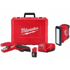 This kit includes two bare tools: a tubing cutter and a flood light, both powered by the M12™ REDLITHIUM™ battery system. The cutter is designed for copper pipe with a maximum diameter of 1 1/8 in, suitable for cutting 1 in copper pipe. The flood light provides job-site illumination. Typical applications include plumbing, HVAC, and maintenance tasks requiring portable cutting and lighting.