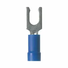 Blue vinyl insulated fork terminal with #8 stud size, accepting 18 AWG to 14 AWG wire. Funnel-entry barrel simplifies wire insertion. Used for terminating wires in electrical panels, control cabinets, and industrial machinery.