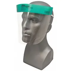 This pre-assembled disposable full face shield features a clear polyester visor with anti-fog properties. The visor measures 7 1/2 inches in height and 13 inches in width. It includes an elastic band for suspension adjustment. Supplied in a 96-pack.