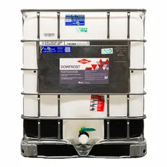 This DOWFROST heat transfer fluid is a food-safe, clear propylene glycol solution at 35% concentration, supplied in a 265-gallon tote. It is used in closed-loop heating and cooling systems where incidental food contact may occur, such as in food and beverage processing, breweries, dairy, and pharmaceutical facilities.