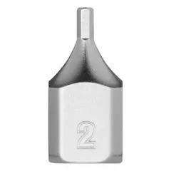 This hex bit socket features a 1/4 in drive size and a 2 mm hex tip with a fixed insert design. The overall length is 51/64 in. It is used for driving hex-head fasteners in assembly, maintenance, and repair tasks requiring precision.
