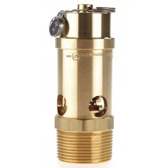 Soft seat pneumatic safety valve with brass body and silicone seat. Features a 1 1/4 in male NPT inlet and is preset to 275 psi. Used for overpressure protection in compressed air systems and other pneumatic applications.