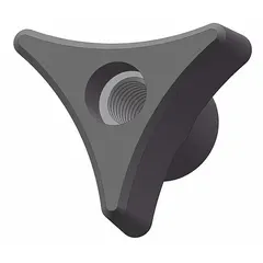 This 3-arm knob features a plastic body with a steel threaded insert. The through-hole design allows for mounting on threaded studs or bolts. It provides a manual grip interface for adjustment or clamping applications on machinery, fixtures, and industrial equipment.