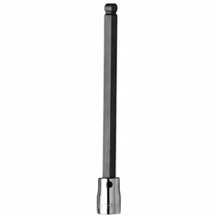 Ball-end hex bit socket with 3/8 in drive and 4 mm hex tip. Overall length of 7 in. The ball tip allows engagement at angles up to 25 degrees for accessing fasteners in confined or offset positions. Suitable for use with hex fasteners in general maintenance and assembly tasks.