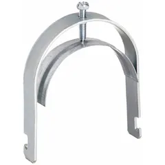 Steel conduit clamp with saddle, electroplated finish, for securing 3 in conduit to 1-5/8 in strut channels. Accommodates cable diameters from 2.720 in to 3.500 in. Used in electrical installations for supporting conduit runs.