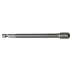 This extended-reach bit holder is designed for power tool applications, accepting standard 1/4-inch hex-shank bits. It provides a hex drive interface for driving fasteners in confined or recessed areas. Nonmagnetic and not impact rated.