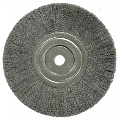 Crimped steel wire brush for light-cleaning, surface preparation, and deburring on carbon steel. Removes rust, scale, and light weld spatter without aggressive cutting. 8 in diameter, 3/4 in width, 3/4 in arbor, 0.008 in fill diameter.