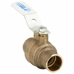 This NIBCO bronze ball valve is a straight, full-port design with sweat x sweat connections for copper tubing. It features a lever handle for manual two-way on/off flow control. Suitable for plumbing, HVAC, and industrial piping systems.