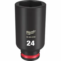 Metric 24 mm 6-point deep impact socket with 3/8" drive and friction retention for secure anvil hold. Black Phosphate finish provides corrosion resistance. Used with impact wrenches for fastening and loosening hex fasteners in automotive and industrial applications.