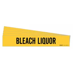 Yellow adhesive pipe marker with black legend text reading 'Bleach Liquor'. Designed to fit pipes with outer diameter 8 inches and larger. Suitable for identifying bleach liquor piping in industrial facilities. Pack of 5 includes 1 marker without arrows.