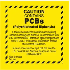 Yellow background label with message 'Caution Contains PCBs (Polychlorinated Biphenyls)'. Each label measures 6 inches by 6 inches, supplied in a pack of 50. Used for marking waste containers or equipment containing PCBs to meet DOT handling requirements.