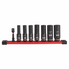 This 8-piece SAE impact socket set features a 3/8 in drive size and includes sockets ranging from 5/16 in to 3/4 in. Designed for use with impact wrenches, the set employs a friction retention mechanism to secure fasteners during high-torque applications. Suitable for automotive, construction, and industrial maintenance tasks.