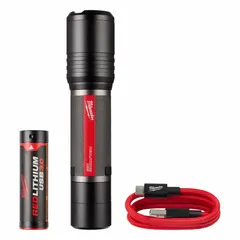 Rechargeable flashlight delivering 2000 lumens with a 175-meter max beam distance. Runs for 1.75 hours at maximum brightness. Includes USB cord charger and one C battery. Suitable for tasks requiring high-intensity portable light in large indoor or outdoor workspaces.