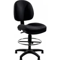 This armless drafting chair features an 18-inch wide seat, a black steel frame, and black plastic material. It is designed for use at drafting tables, lab stations, and industrial workbenches where a higher seat height is required. The armless design allows unrestricted movement for tasks such as drawing, assembly, or inspection