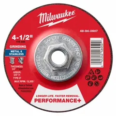 This Type 27 grinding wheel is constructed with zirconia alumina and 24 grit for efficient material removal on carbon and stainless steel. The 4-1/2" diameter, 1/4" thickness, and 5/8"-11 arbor fit angle grinders. Typical applications include weld grinding, edge chamfering, and heavy stock removal in metal fabrication and maintenance.