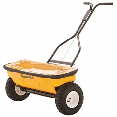 This manual walk-behind spreader features a steel frame and a 160 lb capacity polyethylene hopper. It delivers a maximum spread width of 2.33 ft, suitable for distributing salt or ice melt on walkways, driveways, and other paved surfaces during winter conditions.