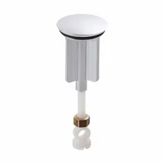 This stopper assembly is a replacement part for sink drains, featuring a polished chrome finish. The adjustable stem allows fitting various drain configurations. It is used to seal the drain opening when closed.