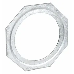 Steel reducing washer in silver finish for adapting conduit sizes from 2-1/2 in to 1-1/4 in. Used in electrical conduit systems to transition between different diameters while maintaining mechanical protection and grounding continuity.