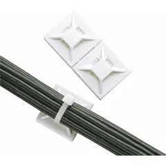 Adhesive mount base for securing miniature and intermediate cable ties to flat surfaces. Provides a fixed anchor point for cable management in control panels, data centers, and industrial wiring applications. White, 0.75 in length, 0.75 in width, 0.18 in height, with 0.07 in slot height. Pack of 100.