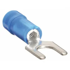 Vinyl-insulated fork terminal with funnel-entry barrel for #6 stud size. Accepts 16 AWG to 14 AWG wire, rated 600 V. Suitable for power distribution and control circuit connections.
