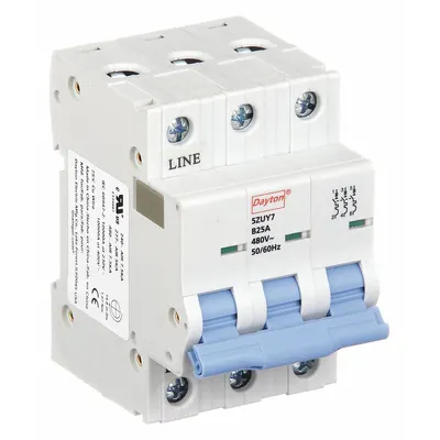 Dayton Supplementary Protector: 25 A Amps, 7.5kA at 480V AC, Screw Clamp, NDB2-63 - B-Curve, 3-Pole UL1077 DIN Rail-Mount Supplementary Protectors