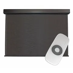 Motorized exterior sun shade with remote control, featuring a 48-inch valence width in Oil Rubbed Bronze, Kona fabric, and a cable tie-down system. Designed for right-side operation, it provides adjustable shade for patios, decks, or windows to block solar heat and UV rays.