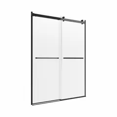 Double-sliding shower door with clear tempered glass and matte black frame. Overall height 76 in, accommodates door widths from 43 to 47 in. Designed for residential shower enclosures, providing a space-saving entry.