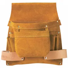 Brown leather tool pouch with open top and six pockets. Attaches via belt slot fitting belts up to 3 inches wide. Designed for carrying hammers and other tools on a belt for hands-free access.