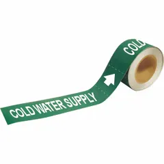 Green adhesive pipe marker with white legend reading 'Cold Water Supply' and directional arrows. Designed for pipes with an outer diameter of 1-1/2 to 2 inches. Supplied on a roll containing 25 markers. Used to identify cold water supply lines in piping systems.