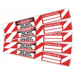 Vinyl lockout tag with 'Danger, Locked Out Device, Locked Out By' text in English. Used to indicate that equipment is locked out during maintenance or repair, preventing accidental operation. Plastic construction suitable for industrial environments.