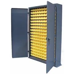 Assembled steel cabinet with dark gray baked enamel finish. Includes 187 yellow solid bins (3 in x 4-1/8 in x 7-3/8 in). 12 ga panel. Shelf and bin style for organizing small parts in workshops and warehouses.