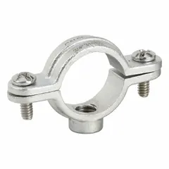 Split-ring conduit hanger clamp for supporting IMC (Intermediate Metal Conduit) in electrical installations. Constructed from 316 stainless steel with a polished finish for corrosion resistance. Suitable for use in industrial environments where conduit support is required.