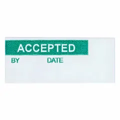 Green/white rectangular matte vinyl cloth label measuring 1 1/2 in wide by 5/8 in high. Designed for indoor use to mark equipment as inspected or compliant. Supplied in a pack of 25.