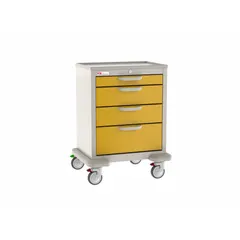 Polymer cart with taupe cabinet and yellow drawers. Features (2) swivel and (2) swivel with brake casters. Used in healthcare facilities to organize and transport medical supplies, instruments, and equipment.