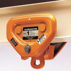 The HARRINGTON PTF2050 is a push trolley for hoists with a steel frame, designed for use on flat beams. It supports a maximum hoist load capacity of 10,000 lb and is manually operated along the beam for positioning loads in industrial material handling applications.