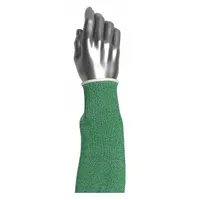 This heavy-duty cut-resistant sleeve is 18 inches long and made from Dyneema fiber. It features a universal elastic design in green. Suitable for industrial tasks requiring arm protection against cuts and abrasion, such as metal stamping, glass handling, and assembly