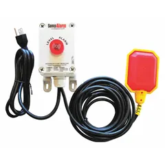 This liquid-level alarm operates on 120V AC and includes a tether float switch. It provides a 90 dB audio/visual alert with auto/manual operation for one alarm input. No battery backup is included. Typical applications include monitoring high liquid levels in sump pits or tanks.