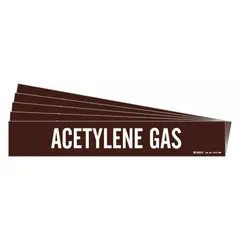 Adhesive pipe marker with brown background and white legend reading 'Acetylene Gas'. Designed for pipes with outer diameter of 8 inches and larger. Pack of 5 markers without directional arrows. Used to identify acetylene gas piping in industrial facilities.